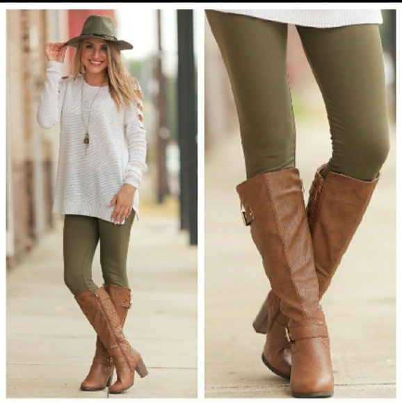 OLIVE BRUSHED KNIT LEGGINGS SO SOFT - Picture 2 of 2